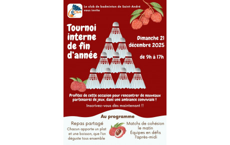 🎉 PENSEZ A VOUS INSCRIRE POUR LE TOURNOI INTERNE DE FIN D'ANNÉE... dernière ligne droite ! 🎉